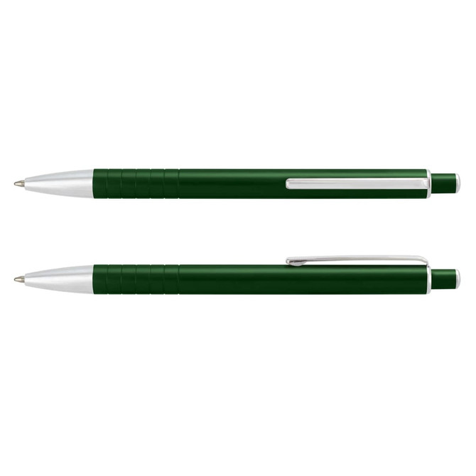A metal pen in dark green with silver accents and a textured grip. Features branding on the barrel.