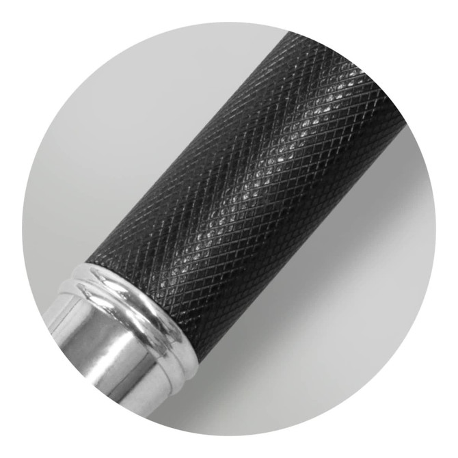 A metal pen with a textured black grip and a shiny silver tip, featuring a logo.