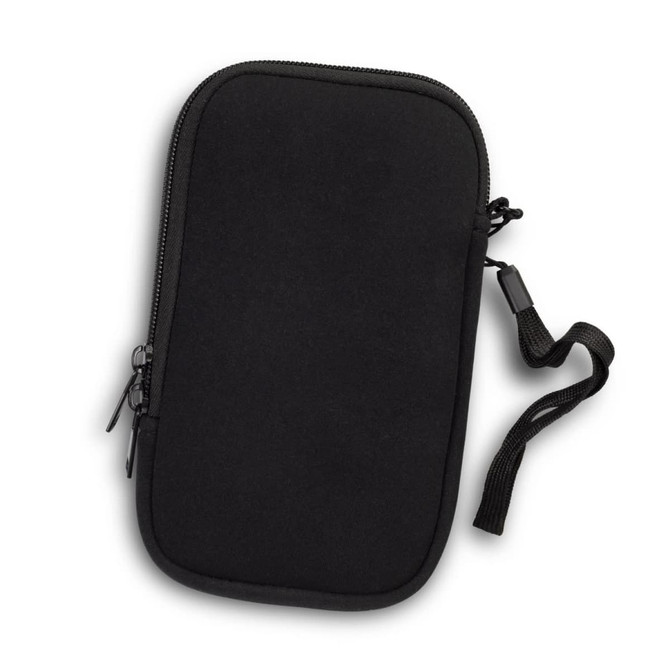 A black phone sleeve with a zipper closure, featuring a wrist strap for easy carrying.