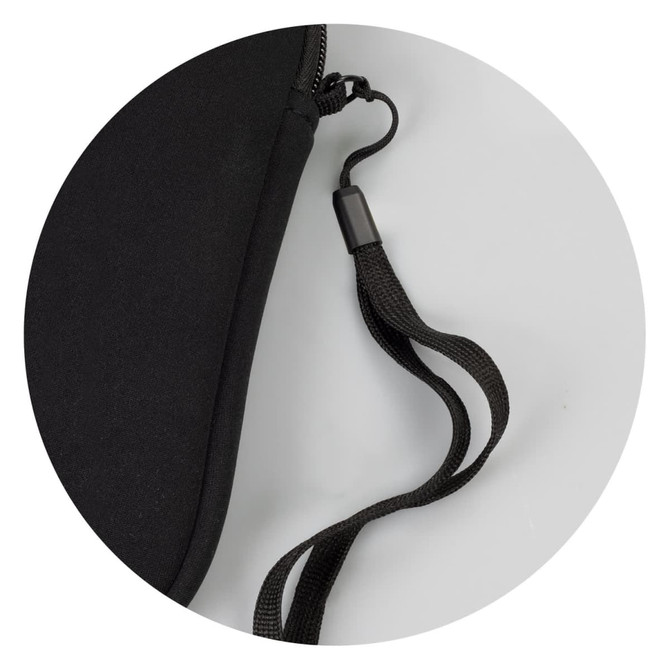 A black phone sleeve featuring a textured strap and zipper for secure storage. Contains branding on the fabric.