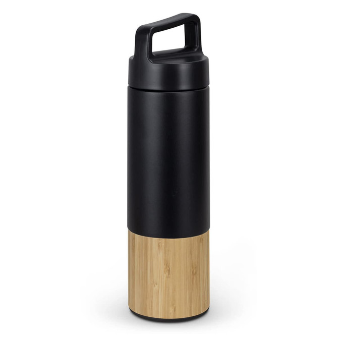 A drink bottle featuring a black top section and a bamboo lower section, with a sturdy handle and a logo.