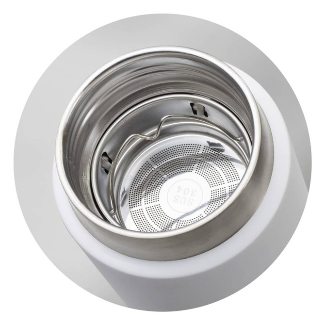 A drink bottle with a stainless steel interior and a white exterior, featuring a logo at the top.