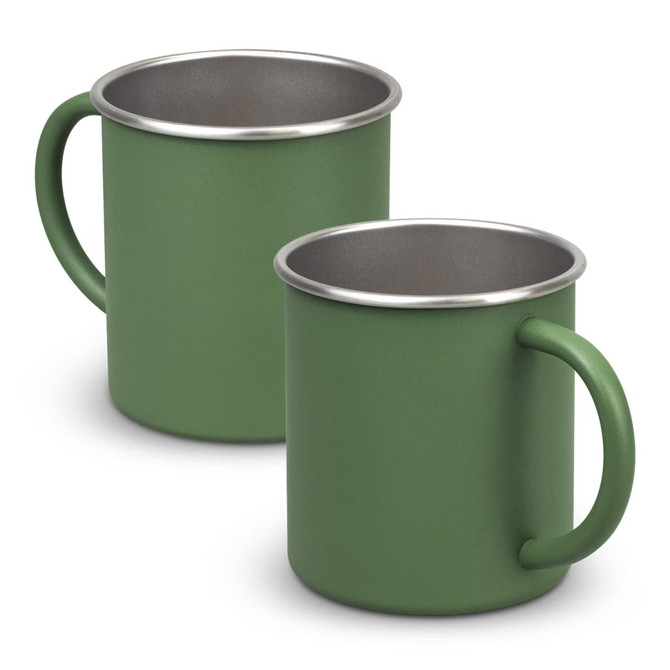 A green Campster Mug made of metal with a stainless steel rim and a sturdy handle, suitable for beverages.