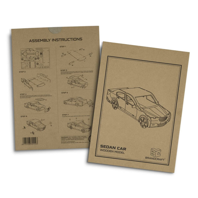 Assembly instructions for a wooden sedan car model by BRANDCRAFT, featuring illustrated steps on a brown paper background.