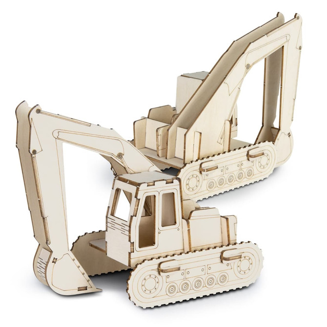 A wooden excavator model with intricate details, featuring a light wood finish and movable parts. It has a logo on one side.