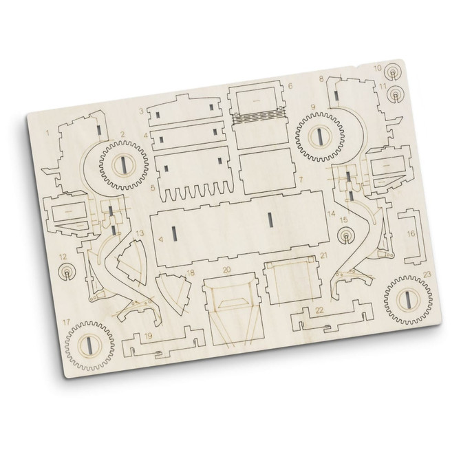 A wooden model kit featuring laser-cut pieces to assemble a wheel loader. The design includes various mechanical components.