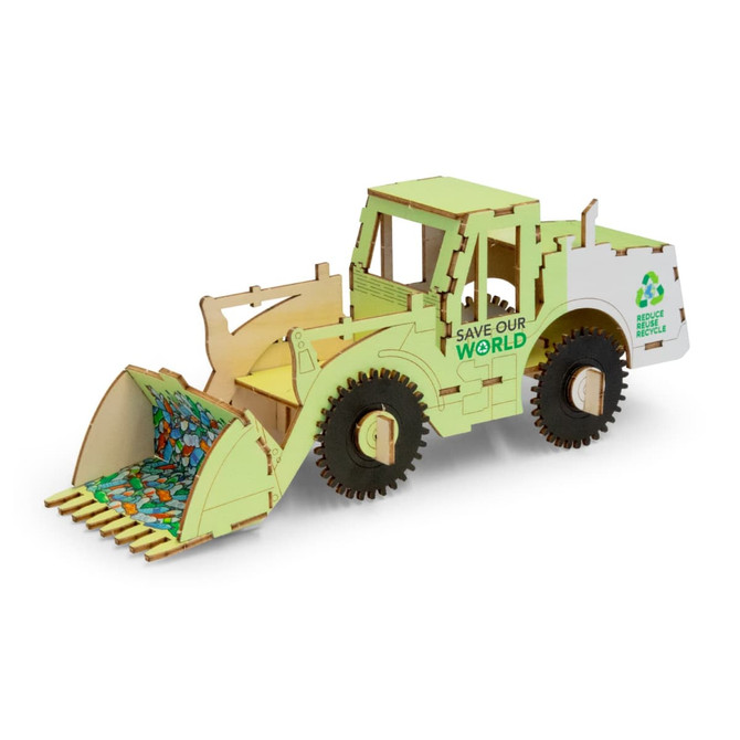 A wooden model of a wheel loader in green, featuring a recycling logo and detailed parts like wheels and a scoop.