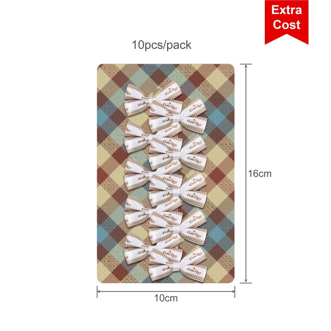 A pack of ten hair clip bows in various colours, arranged on a patterned backing with a logo.