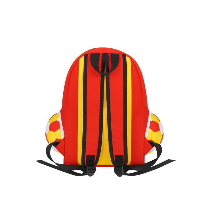 A foldable gym bag in red with yellow stripes and football-shaped side pockets. It features adjustable black straps.