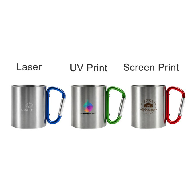 A stainless steel insulated travel mug with a carabiner handle, available in silver with various handle colours.