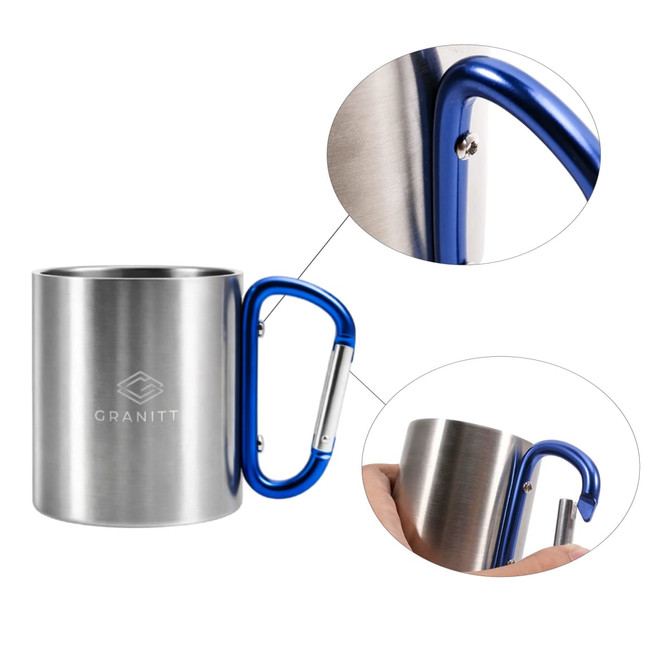 A stainless steel insulated travel mug with a blue carabiner handle. Features a logo on the side.