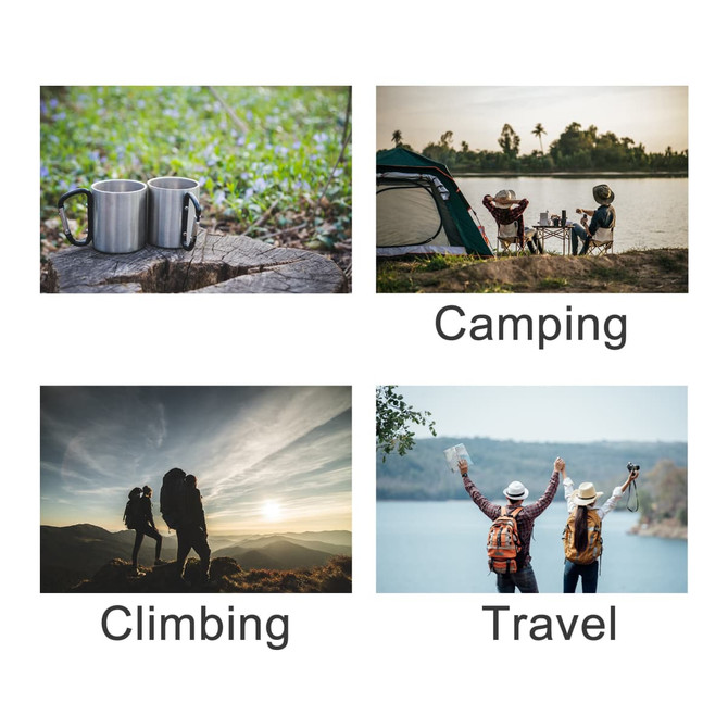 A stainless steel insulated travel mug with a carabiner handle, featuring a glossy finish and a sturdy design.