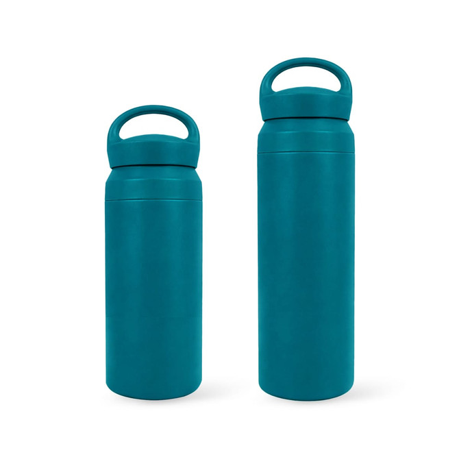 A drink bottle set featuring a teal double wall stainless steel design, including a handle in two sizes.