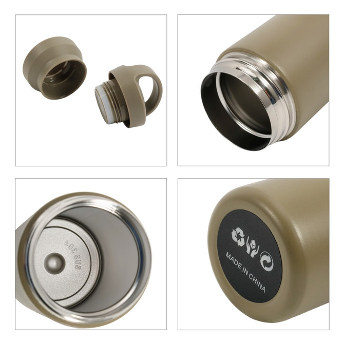 A drink bottle in matte khaki with a stainless steel interior and a handle. Features a screw-on lid and a logo on the base.