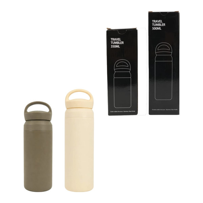 A drink bottle set featuring a dark green and a cream-coloured double wall stainless steel design, each with a handle.