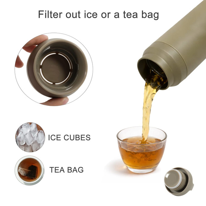 A drink bottle in a muted olive green colour with a filter lid, pouring liquid into a glass.