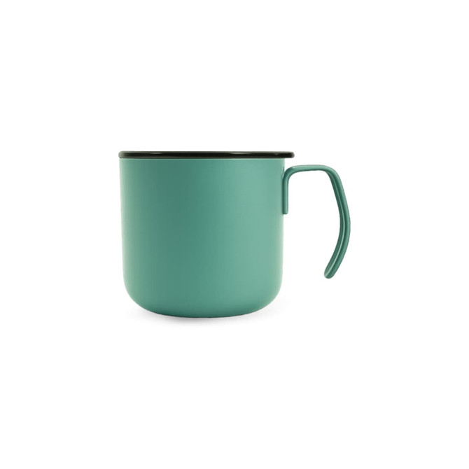 A camping mug in teal, featuring a handle and insulated design, with a black rim and branding on the side.