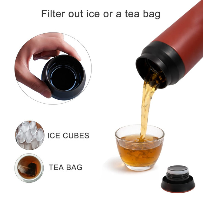 A drink bottle in red and black, featuring a pouring mechanism with an infuser for filtering tea bags or ice cubes.