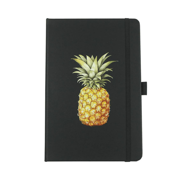 A black notebook featuring a pineapple illustration on the front cover. It has a strap closure and a ribbon marker.