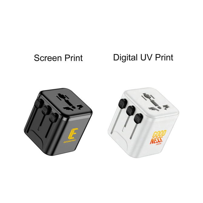 A black and a white mini universal travel adapter featuring multiple plug configurations and branding.