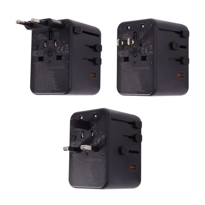 A 35W GaN universal travel adapter in black, featuring multiple plug configurations and a charging port.