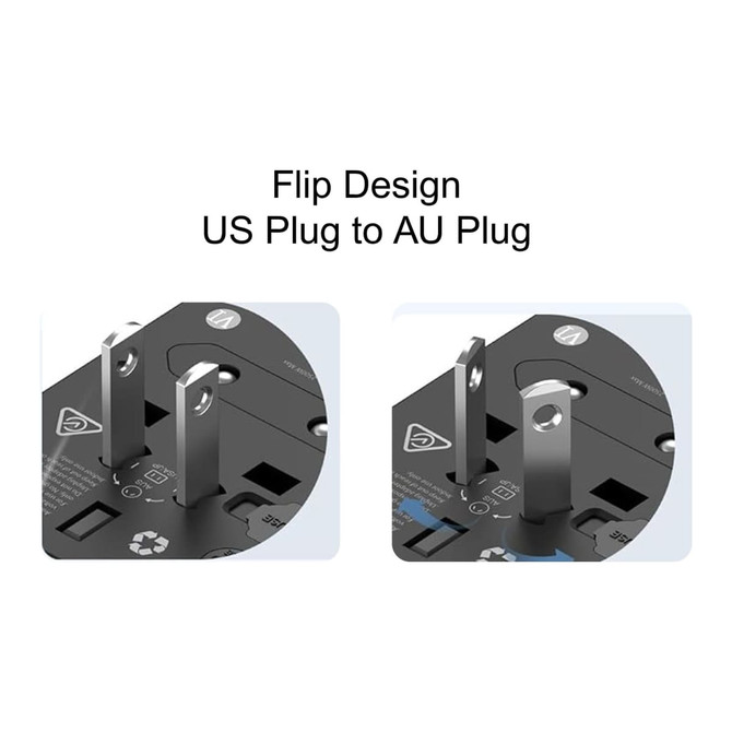 A black universal travel adapter with a flip design for US and AU plugs, featuring various connection ports and a logo.