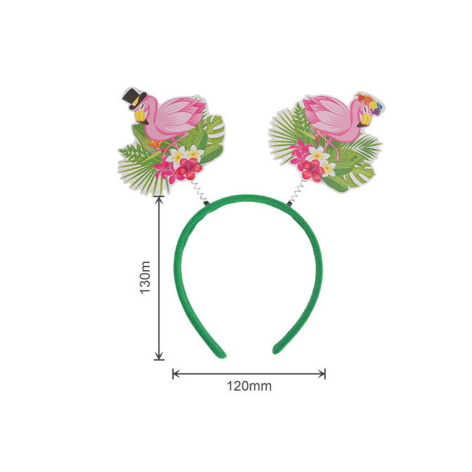 A green headband featuring pink flamingos with tropical decorations on top.