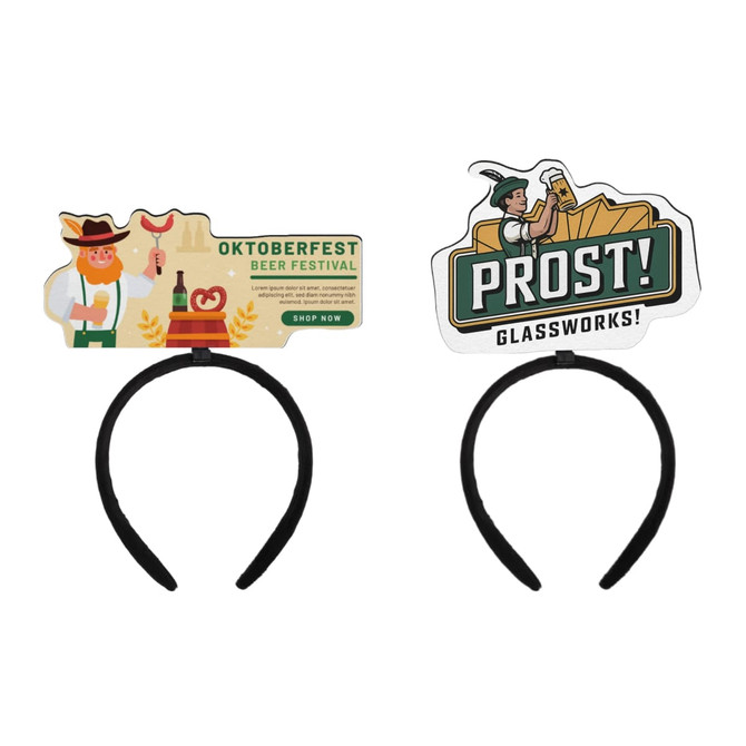 Two black headbands featuring colourful foam toppers with festival-themed designs and a logo on each.