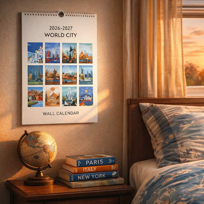 A wall calendar featuring vibrant city visuals in a white design, hanging above a bedside table with a globe and books.