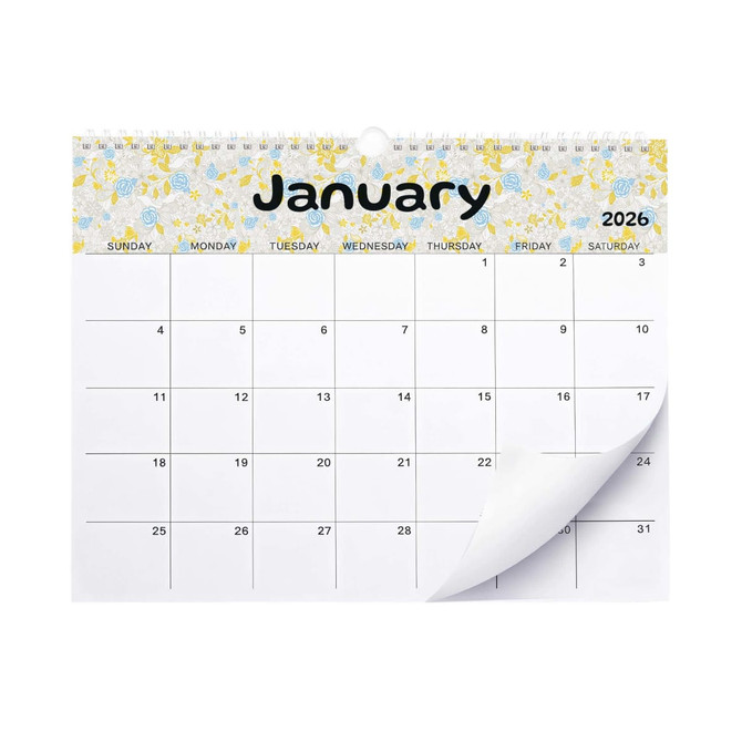 A horizontal wall calendar for January 2026, featuring floral designs and a white background. It includes a logo at the top.