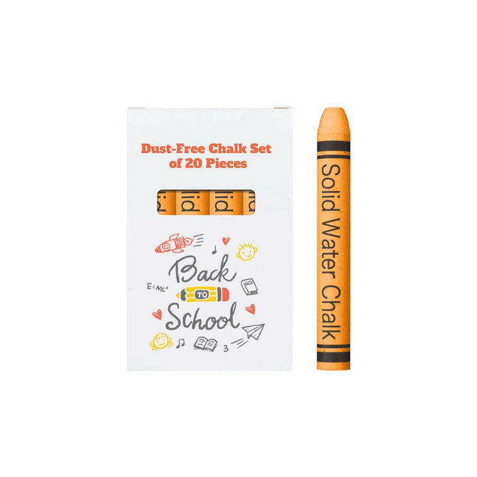 A box containing 20 sticks of orange dust-free chalk, with a logo and illustrations related to school.