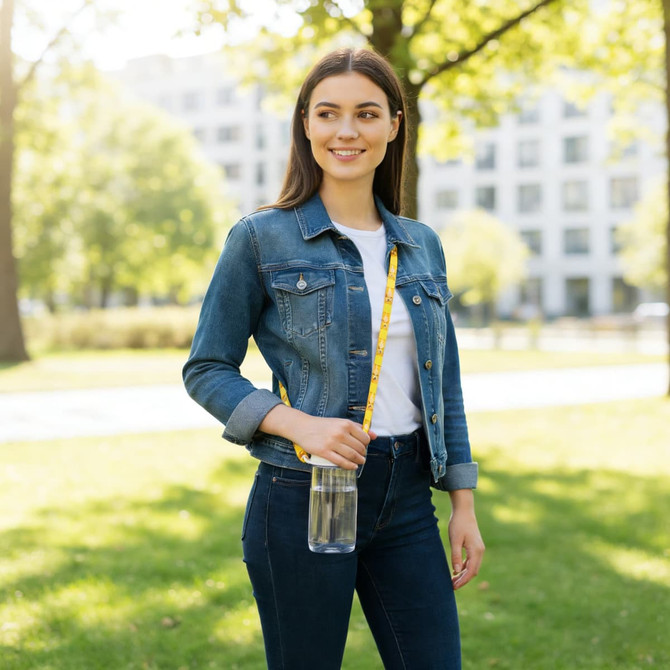 A drink bottle lanyard in yellow is attached to a clear water bottle, being held by a woman in a denim jacket outdoors.