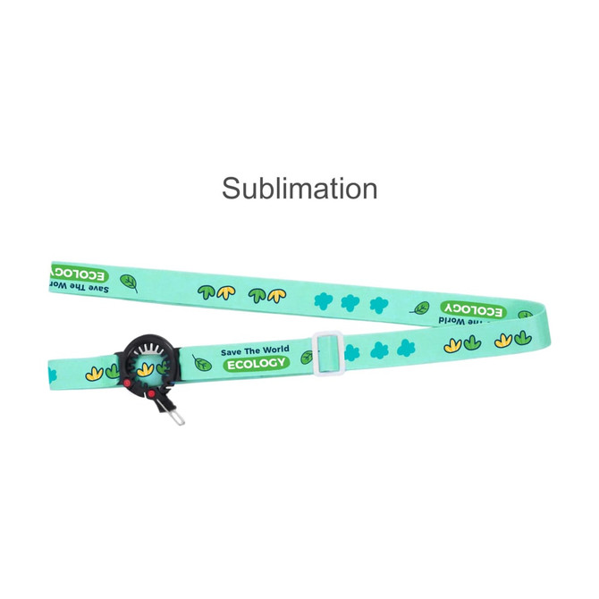 A drink bottle lanyard in light green featuring ecological designs and a logo attachment.