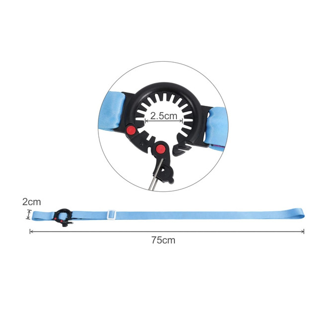 A drink bottle lanyard in blue, featuring a black clip and adjustable strap for secure attachment.