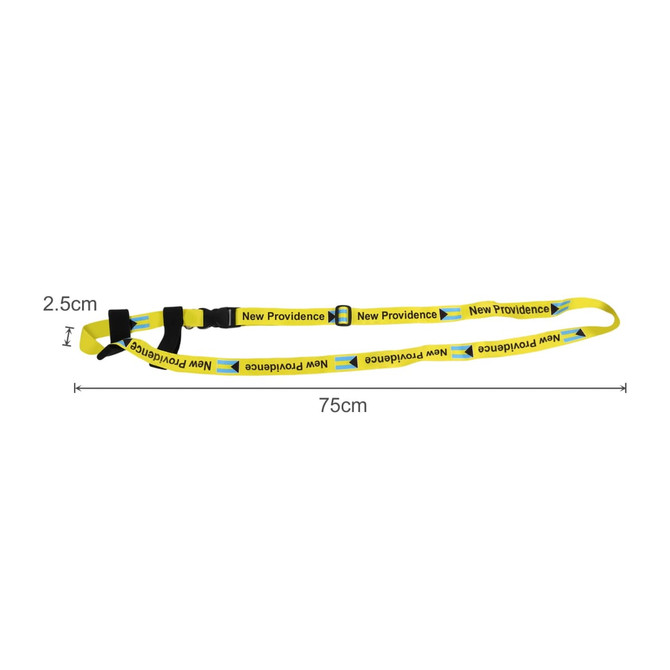 A drink bottle holder strap sling in yellow with adjustable components and a logo print, measuring 75cm in length.