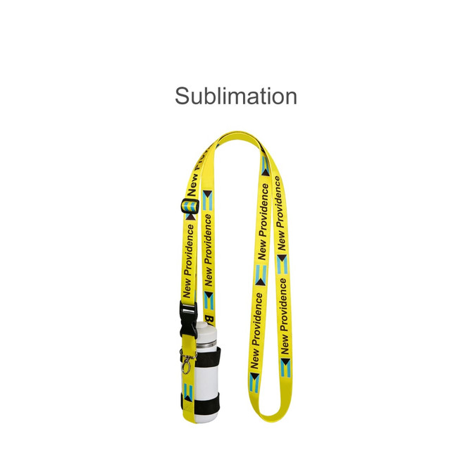 A drink bottle holder strap sling in bright yellow with a logo, designed for carrying a water bottle.