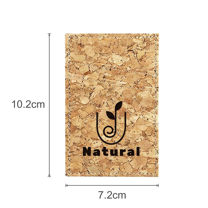 A cork card wallet in natural tones, featuring a front logo and two card slots. Dimensions are 10.2 cm by 7.2 cm.