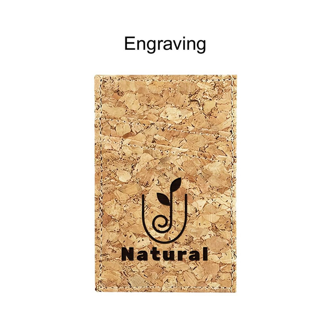 A cork card wallet in a natural colour with a logo on the front. Features a textured surface.