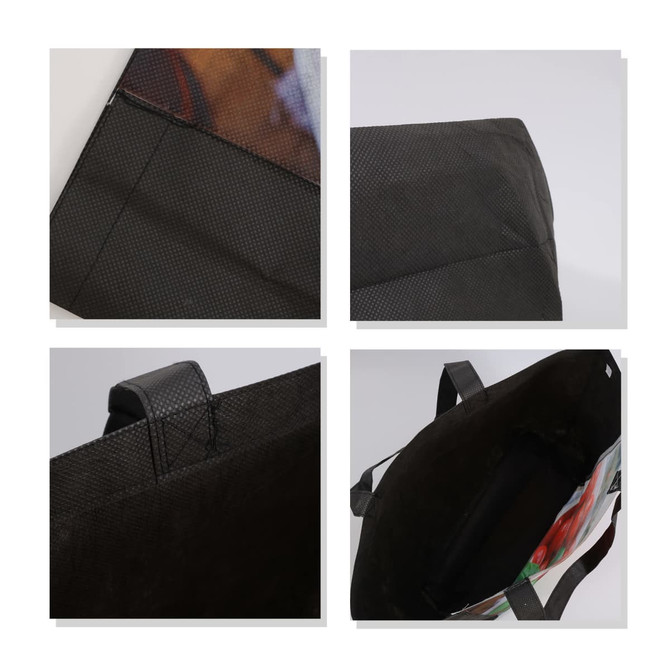 A tote bag in full colour with a black base and handles, featuring an interior pocket and textured finish.
