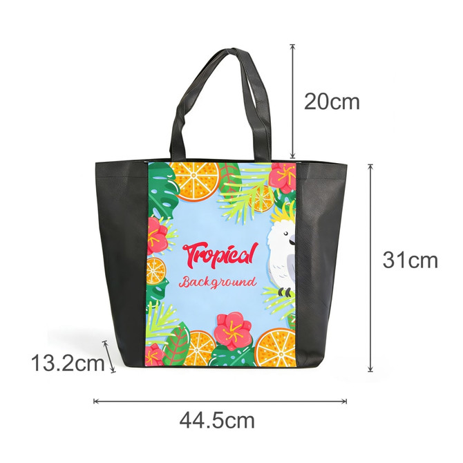 A tote bag with a full-colour tropical design featuring fruits, flowers, and a parrot, plus a black base and handles.
