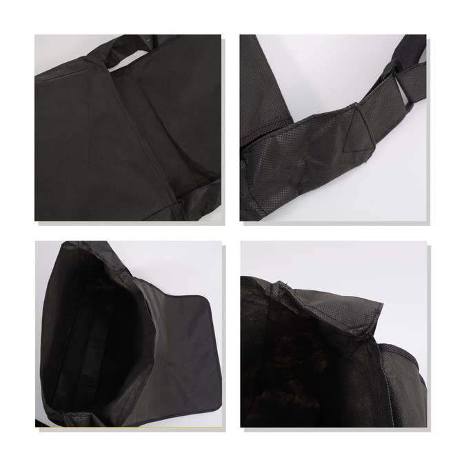 A black messenger bag with a spacious interior and adjustable shoulder strap, featuring a logo.