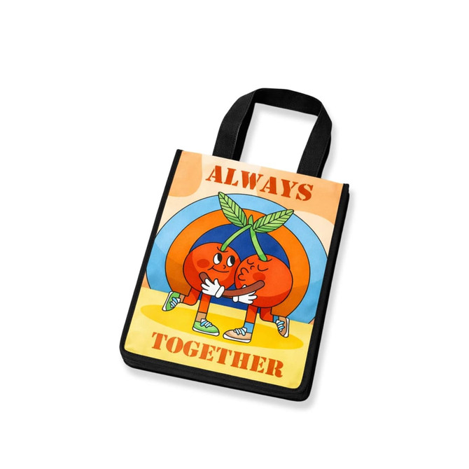 A small tote bag in vibrant colours featuring two cherries hugging, with a graphic design and a logo.