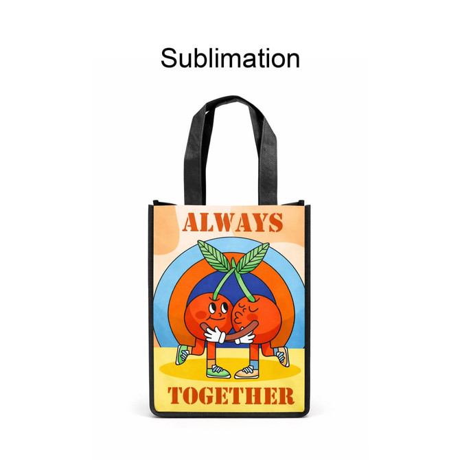 A small tote bag with a vibrant design featuring cartoon cherries and a bold, colourful background. It has a logo.