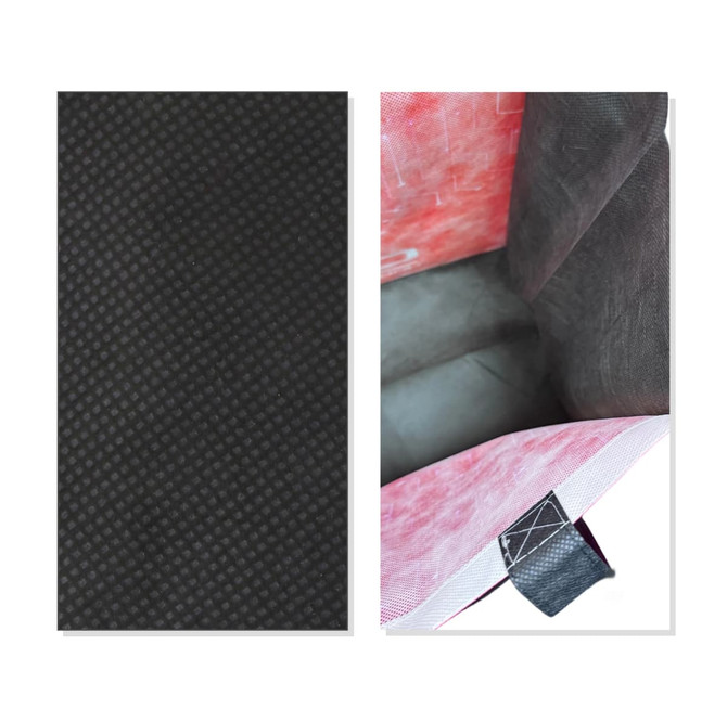 A custom sublimation tote bag featuring a textured black exterior and a pink interior with a logo.