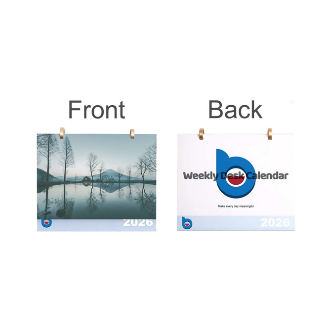 A desk calendar featuring a serene landscape on the front and branding on the back, primarily in white with blue elements.