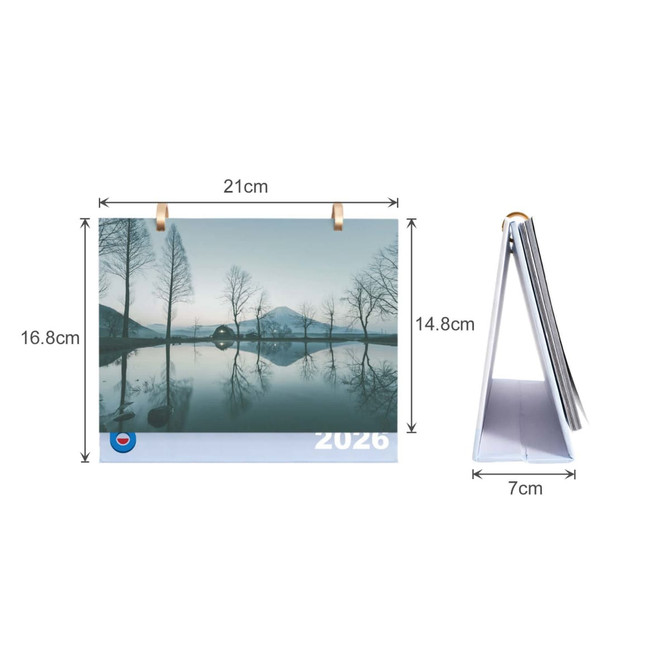 A desk calendar featuring scenic landscape imagery, predominantly in blue and grey tones, with dimensions displayed.