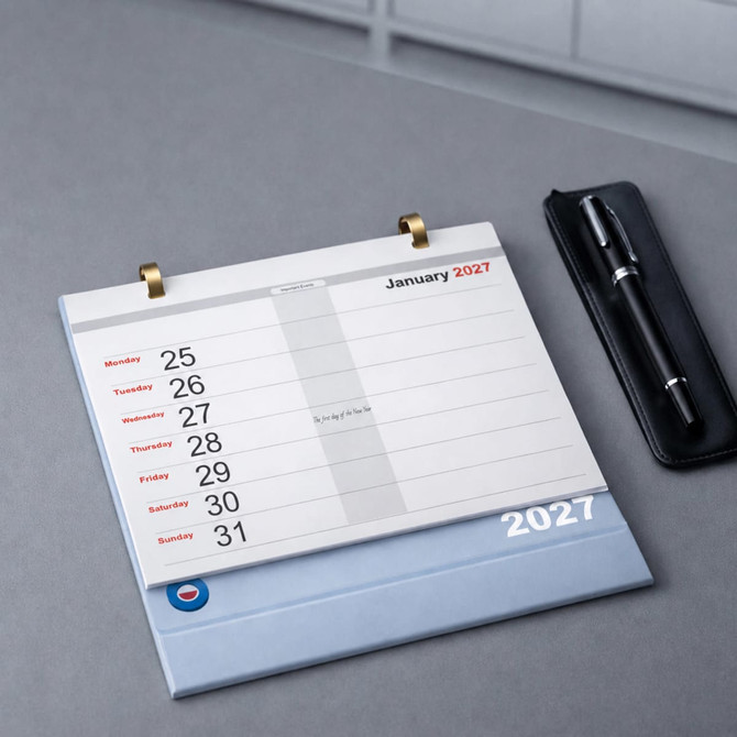 A desk calendar featuring a blue base with white pages, including a ring binding and a silver pen beside it.