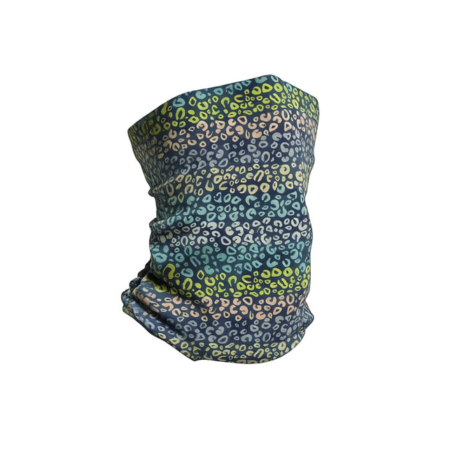 A multicoloured brushed Lycra warm gaiter featuring a vibrant leopard print design in blues, greens, and pinks.