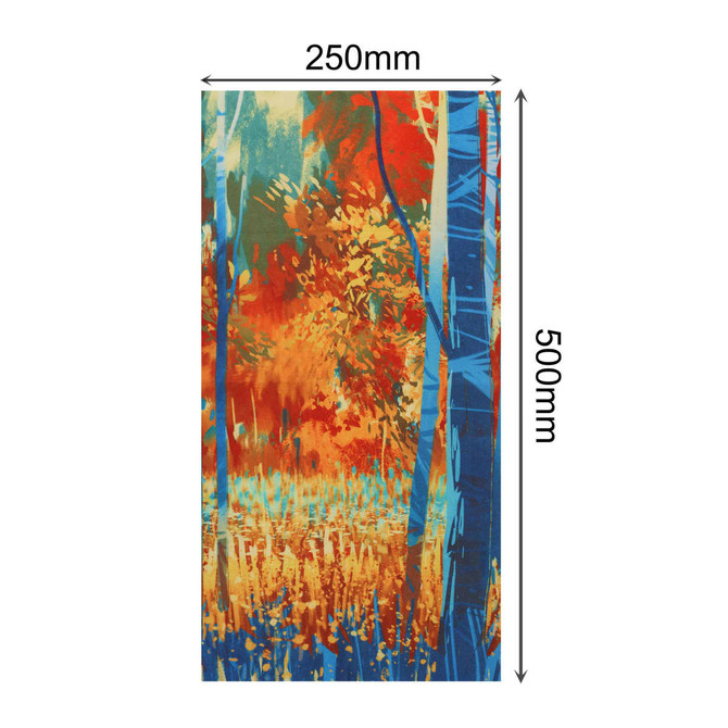 A vibrant, patterned gaiter featuring blues, oranges, and yellows, depicting a nature scene with trees and foliage.