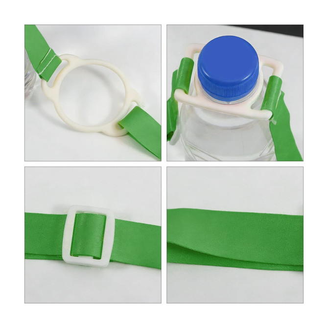 A drink bottle lanyard with a blue cap and green straps, featuring a plastic holder and adjustable buckle.